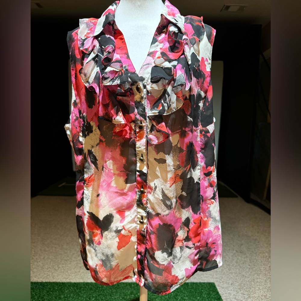 Tahari Multicolor Printed Ruffle Top Sleeveless Size XL - Picture 2 of 14